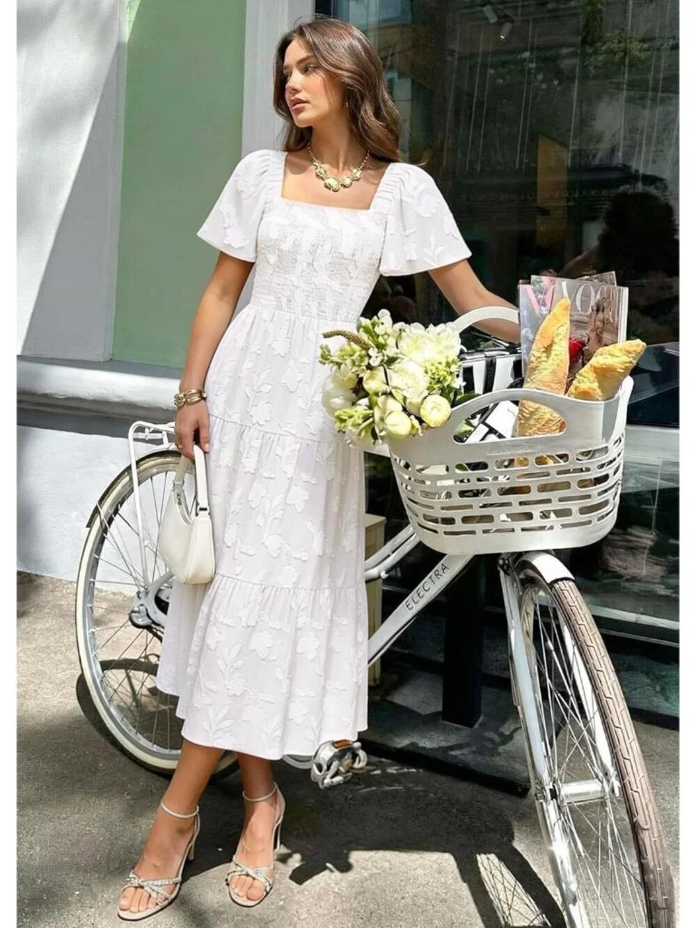 Women‘s Summer Boho Floral Midi Dress White Short Sleeve Square Neck Flowy Beach